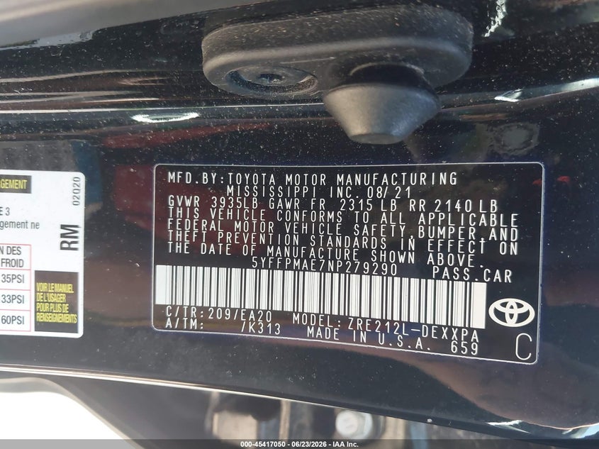 2022 Toyota Corolla VIN 5YFFPMAE7NP279290 IAAI salvage auction — FRONT END, Salvage (Ohio), sold $6,150 on 2026-07-08 (photo 9)