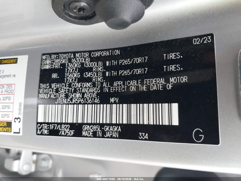 2023 Toyota 4runner VIN JTENU5JR5P6136146 IAAI salvage auction — FRONT END, Salvage (Virginia), sold $11,025 on 2026-07-14 (photo 9)