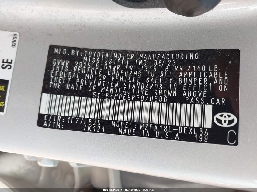 2023 Toyota Corolla VIN 5YFB4MDE9PP070686 IAAI salvage auction — HAIL, Clear (Missouri), sold $8,200 on 2026-07-20 (photo 9)