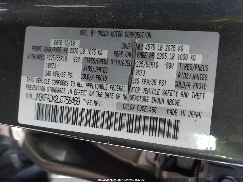 2020 Mazda Cx-5 VIN JM3KFADM2L0768469 IAAI salvage auction — RIGHT SIDE, Salvage Title, sold $4,950 on 2026-07-21 (photo 9)