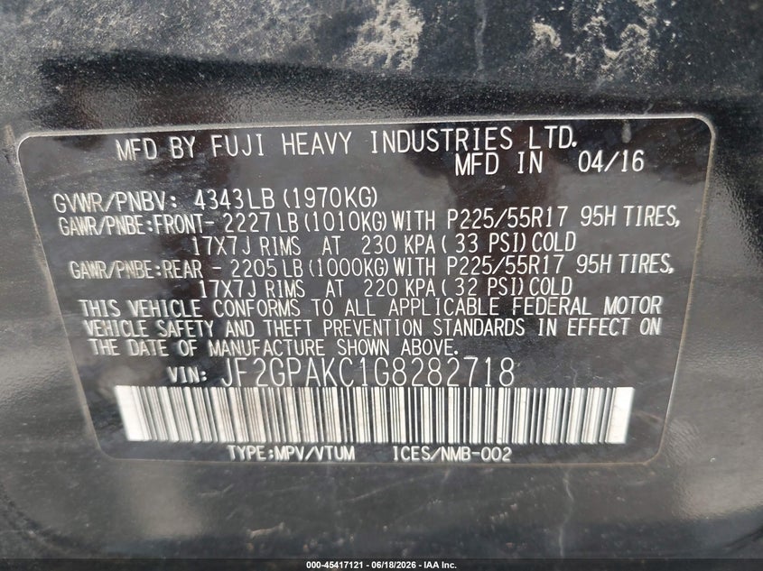 2016 Subaru Xv VIN JF2GPAKC1G8282718 IAAI salvage auction — REAR END, Salvage Title, sold $2,300 on 2026-07-22 (photo 9)