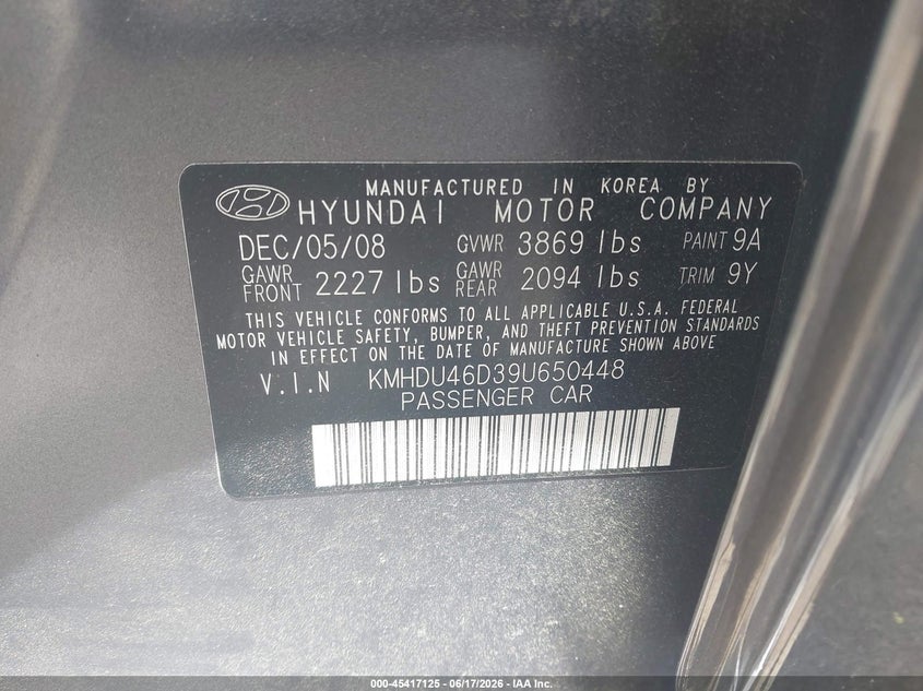 2009 Hyundai Elantra VIN KMHDU46D39U650448 IAAI salvage auction — MECHANICAL, Clear (New York), sold $325 on 2026-07-29 (photo 9)