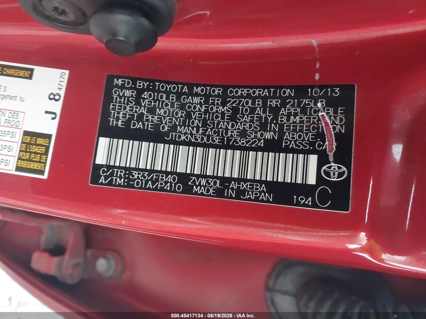 2014 Toyota Prius VIN JTDKN3DU3E1738224 IAAI salvage auction — REAR END, Salvage (North Carolina), sold $1,300 on 2026-07-21 (photo 9)