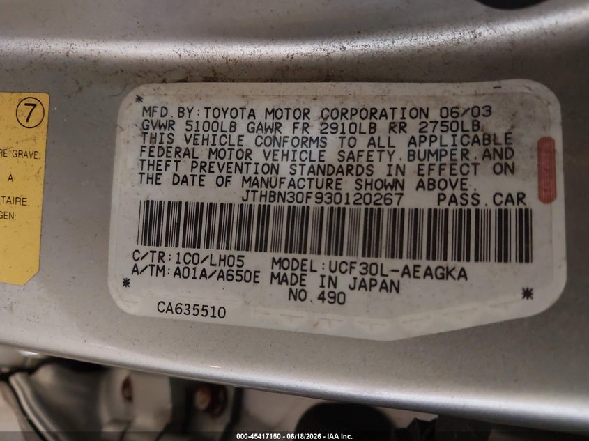 2003 Lexus Ls 430 VIN JTHBN30F930120267 IAAI salvage auction — REAR END, Mv-907A (New York), sold $400 on 2026-07-14 (photo 9)