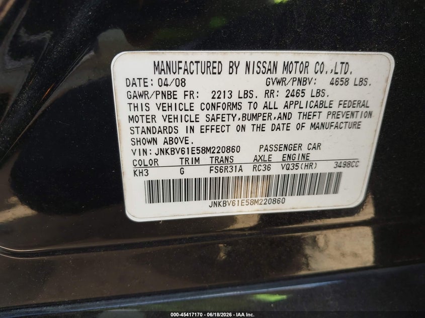 2008 Infiniti G35 VIN JNKBV61E58M220860 IAAI salvage auction — FRONT END, Salvage (North Carolina), sold $600 on 2026-07-20 (photo 9)