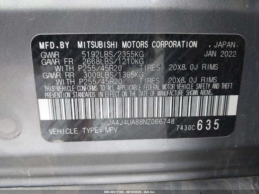 2022 Mitsubishi Outlander VIN JA4J4UA88NZ066748 IAAI salvage auction — FRONT END, Salvage Title, sold $5,500 on 2026-07-18 (photo 9)