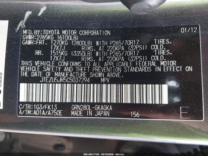 2012 Toyota 4runner VIN JTEZU5JR5C5037294 IAAI salvage auction — LEFT FRONT, Clear (Tennessee), sold $4,850 on 2026-07-22 (photo 9)