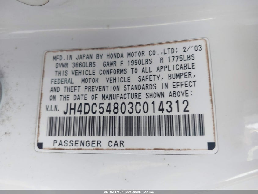 2003 Acura Rsx VIN JH4DC54803C014312 IAAI salvage auction — LEFT FRONT, Rebuildable (Florida), sold $400 on 2026-07-23 (photo 9)