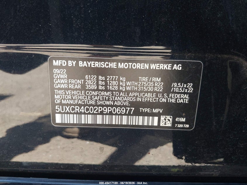 2023 BMW X5 VIN 5UXCR4C02P9P06977 IAAI salvage auction — SIDE, Salvage - 75% Or Less (Maryland), sold $22,100 on 2026-07-09 (photo 9)