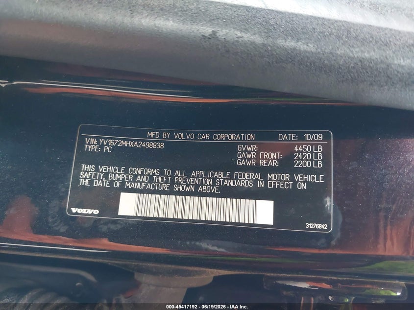 2010 Volvo S40 VIN YV1672MHXA2498838 IAAI salvage auction — FRONT END, Salvage (Pennsylvania), sold $650 on 2026-07-24 (photo 9)