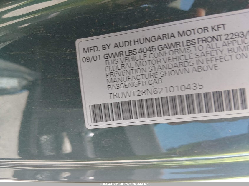 2002 Audi Tt VIN TRUWT28N621010435 IAAI salvage auction — FRONT END, Parts Only Bos (Minnesota), sold $275 on 2026-07-29 (photo 9)