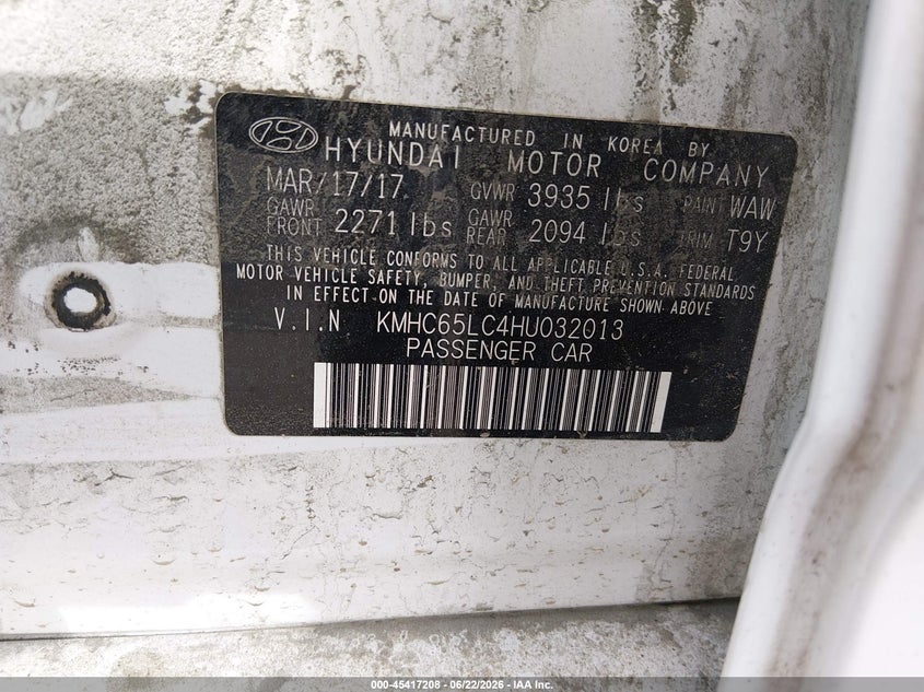 2017 Hyundai Ioniq hybrid VIN KMHC65LC4HU032013 IAAI salvage auction — NORMAL WEAR, Original (Vermont), sold $650 on 2026-07-29 (photo 9)