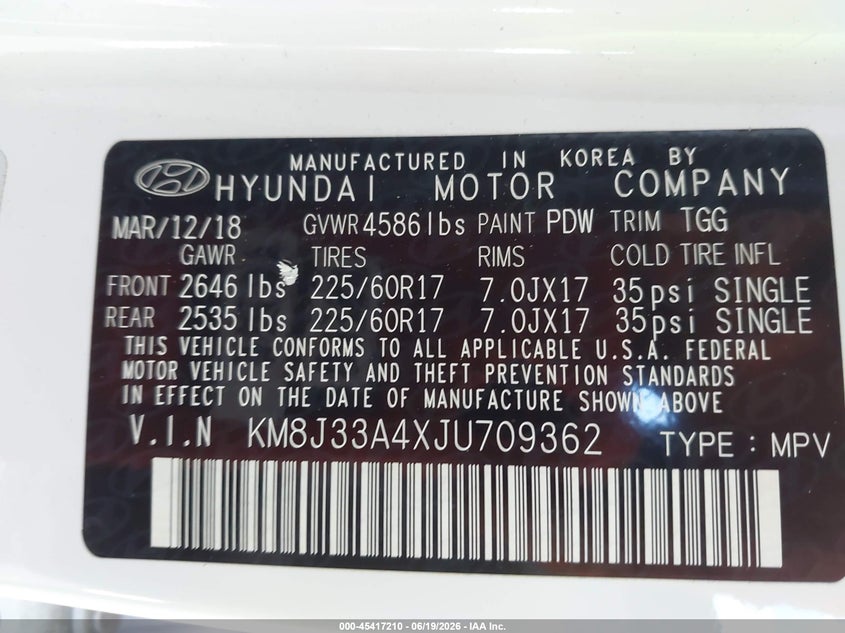 2018 Hyundai Tucson VIN KM8J33A4XJU709362 IAAI salvage auction — LEFT REAR, Salvage (Tennessee), sold $575 on 2026-07-30 (photo 9)