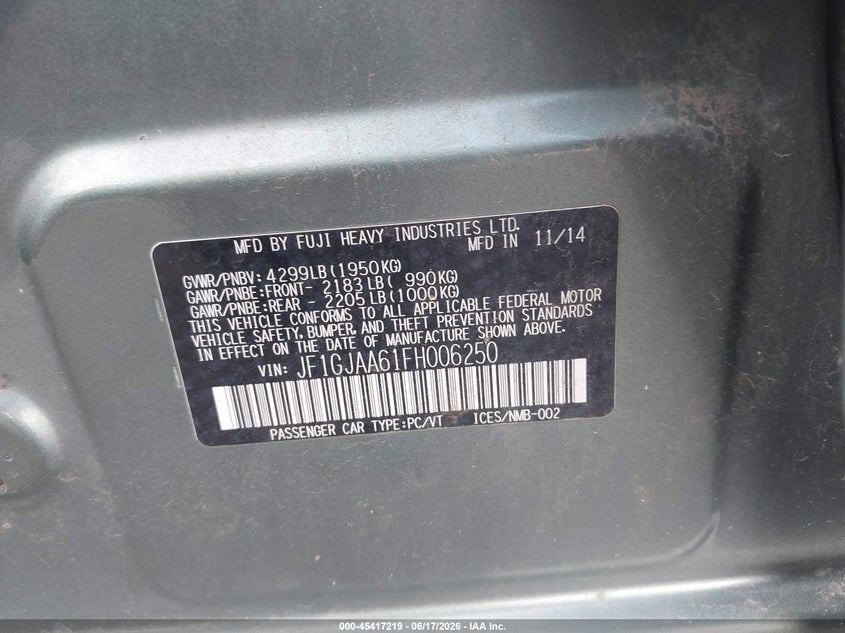 2015 Subaru Impreza VIN JF1GJAA61FH006250 IAAI salvage auction — FRONT END, Salvage (Pennsylvania), sold $1,600 on 2026-07-07 (photo 9)