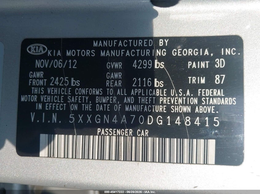 2013 Kia Optima VIN 5XXGN4A70DG148415 IAAI salvage auction — FRONT END, Salvage (Georgia), sold $500 on 2026-07-22 (photo 9)