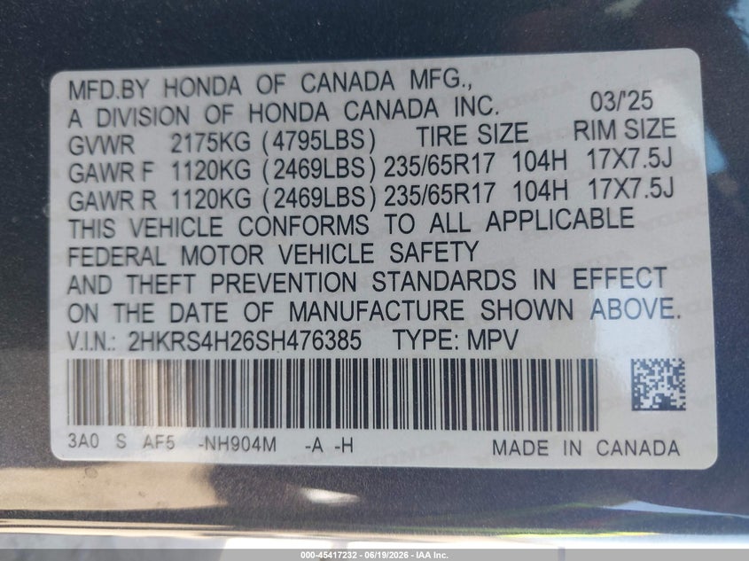 2025 Honda Cr-v VIN 2HKRS4H26SH476385 IAAI salvage auction — SIDE, Salvage Title, sold $7,100 on 2026-07-25 (photo 9)