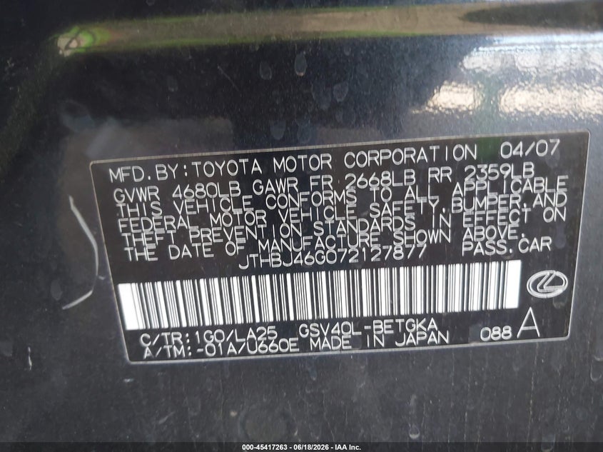 2007 Lexus Es 350 VIN JTHBJ46G072127877 IAAI salvage auction — NORMAL WEAR, Clear (Arizona), sold $25 on 2026-07-28 (photo 9)