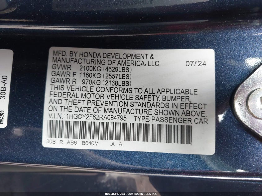 2024 Honda Accord VIN 1HGCY2F62RA084795 IAAI salvage auction — LEFT SIDE, Salvage (Delaware), sold $8,150 on 2026-07-27 (photo 7)