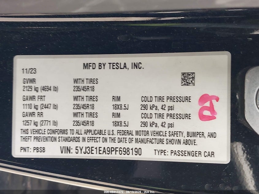 2023 Tesla Model 3 VIN 5YJ3E1EA9PF698190 IAAI salvage auction — RIGHT SIDE, Original (Texas), sold $4,950 on 2026-08-27 (photo 9)