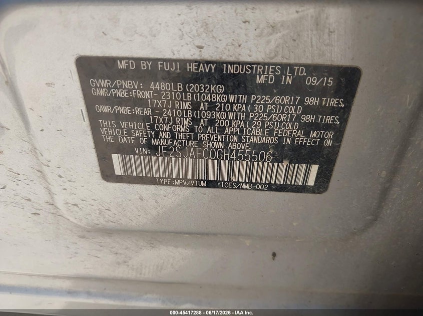 2016 Subaru Forester VIN JF2SJAFC0GH455506 IAAI salvage auction — NORMAL WEAR, Original (Texas), sold $325 on 2026-07-13 (photo 9)