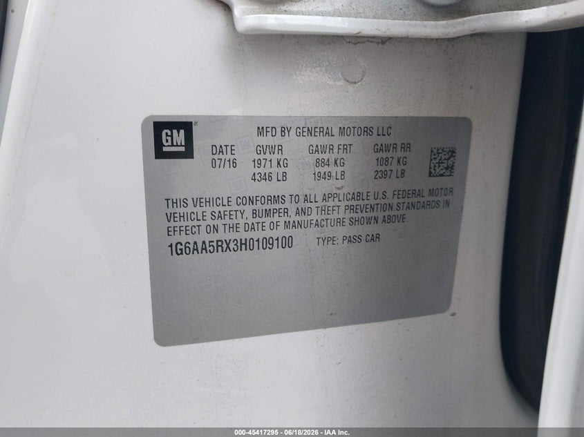 2017 Cadillac Ats VIN 1G6AA5RX3H0109100 IAAI salvage auction — FRONT END, Salvage Title, sold $1,750 on 2026-09-12 (photo 9)