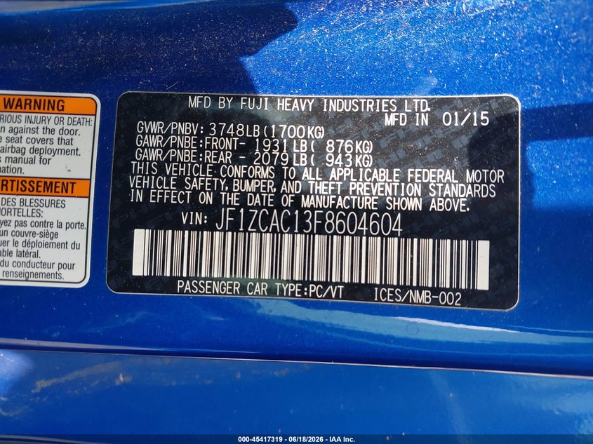 2015 Subaru Brz VIN JF1ZCAC13F8604604 IAAI salvage auction — ROLLOVER, Salvage (Georgia), sold $1,525 on 2026-07-17 (photo 9)