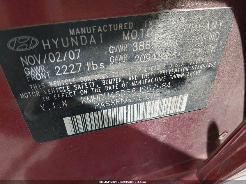 2008 Hyundai Elantra VIN KMHDU46D58U357584 IAAI salvage auction — FRONT END, Clear (Virginia), sold $25 on 2026-07-28 (photo 9)