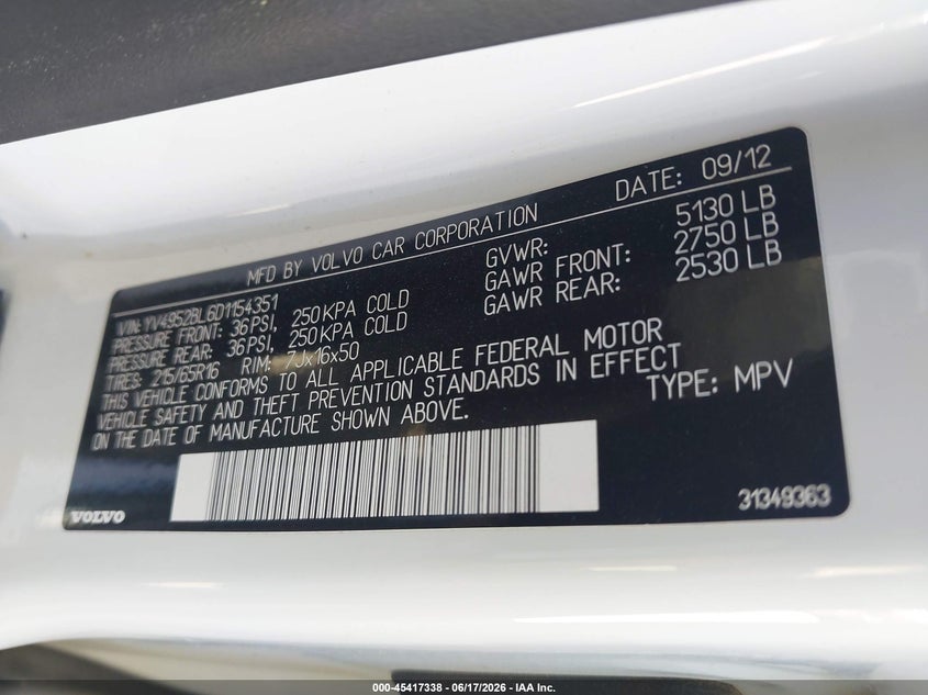 2013 Volvo Xc70 VIN YV4952BL6D1154351 IAAI salvage auction — REAR END, Salvage Title, sold $1,650 on 2026-09-04 (photo 9)