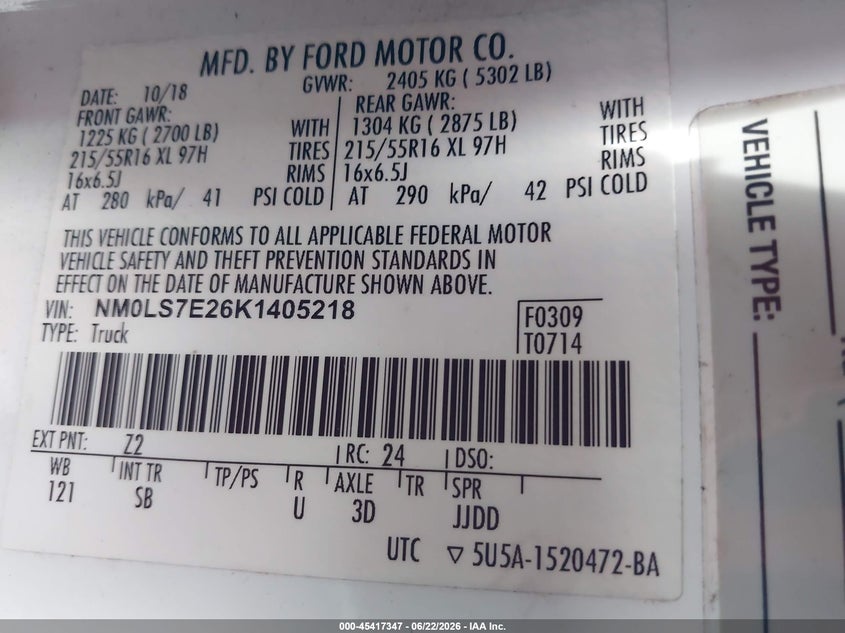 2019 Ford VIN NM0LS7E26K1405218 IAAI salvage auction — REAR END, Salvage Title, sold $700 on 2026-07-23 (photo 9)