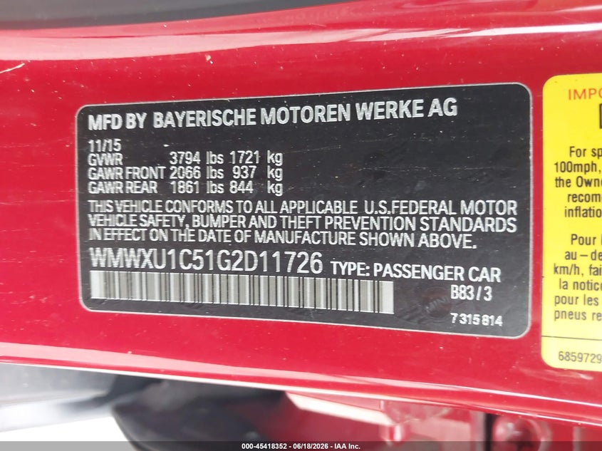 2016 Mini Hardtop VIN WMWXU1C51G2D11726 IAAI salvage auction — HAIL, Original (Texas), sold $3,100 on 2026-07-14 (photo 9)