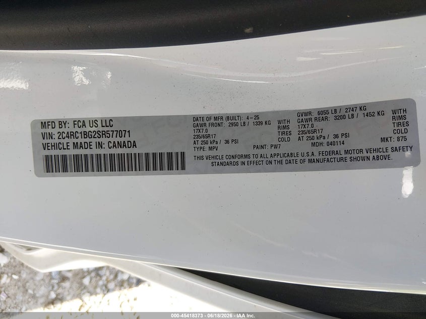 2025 Chrysler Pacifica VIN 2C4RC1BG2SR577071 IAAI salvage auction — FRONT END, Wait Title, sold $1,300 on 2026-08-26 (photo 9)