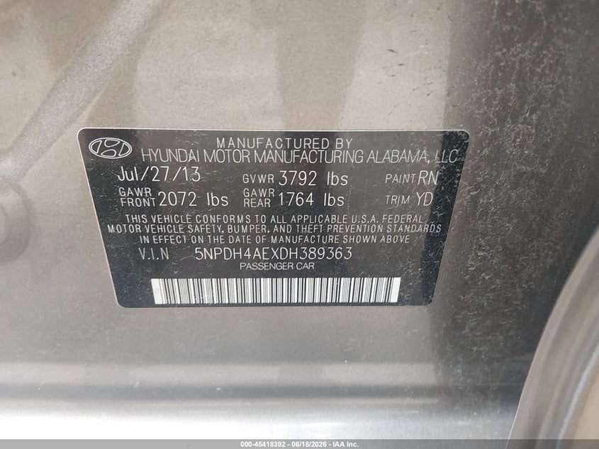 2013 Hyundai Elantra VIN 5NPDH4AEXDH389363 IAAI salvage auction — REAR END, Clear (Virginia), sold $500 on 2026-07-09 (photo 9)
