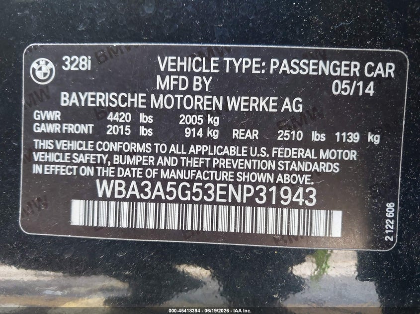2014 BMW 3er VIN WBA3A5G53ENP31943 IAAI salvage auction — LEFT FRONT, Salvage Title, sold $1,200 on 2026-08-19 (photo 9)