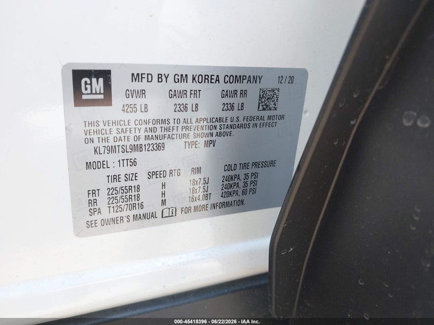 2021 Chevrolet Trailblazer VIN KL79MTSL9MB123369 IAAI salvage auction — REAR END, Original (Texas), sold $5,400 on 2026-07-29 (photo 9)