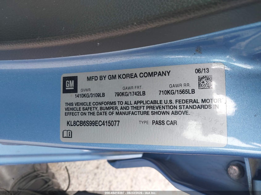 2014 Chevrolet Spark VIN KL8CB6S99EC415077 IAAI salvage auction — FRONT END, Salvage (Connecticut), sold $450 on 2026-07-30 (photo 9)