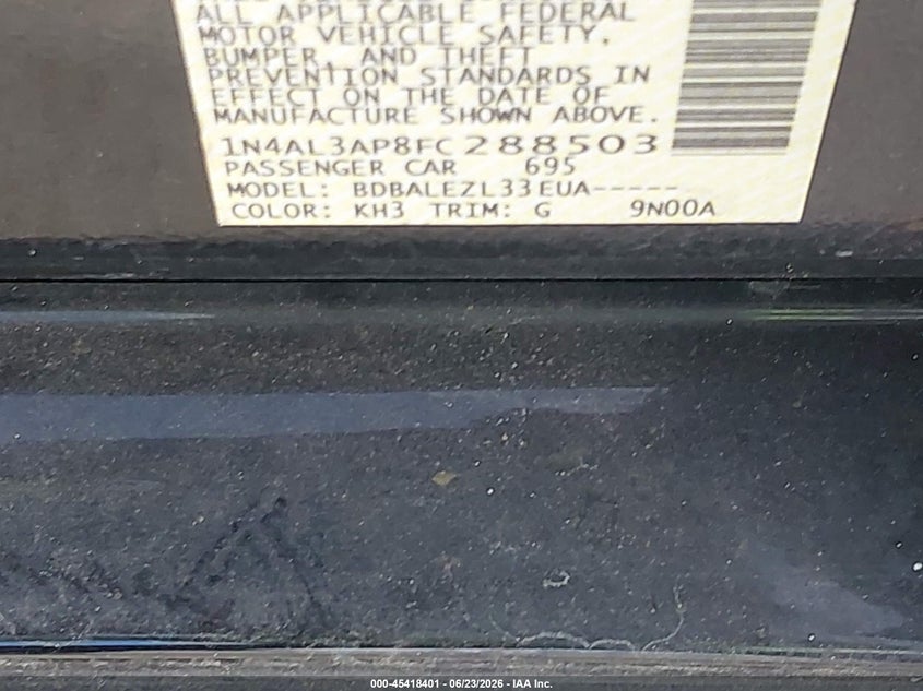 2015 Nissan Altima VIN 1N4AL3AP8FC288503 IAAI salvage auction — REAR END, Original (Texas), sold $1,600 on 2026-08-20 (photo 9)
