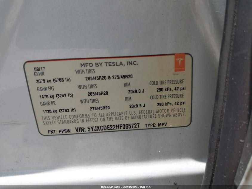 2017 Tesla Model x VIN 5YJXCDE22HF065727 IAAI salvage auction — FRONT END, Salvage Title, sold $3,950 on 2026-07-25 (photo 9)