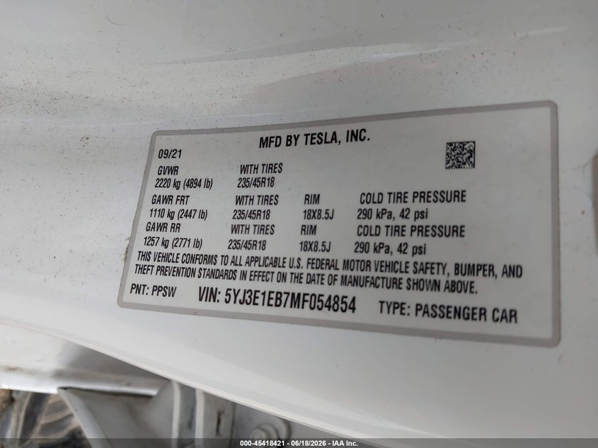 2021 Tesla Model 3 VIN 5YJ3E1EB7MF054854 IAAI salvage auction — UNDERCARRIAGE, Salvage (Pennsylvania), sold $6,500 on 2026-07-12 (photo 9)