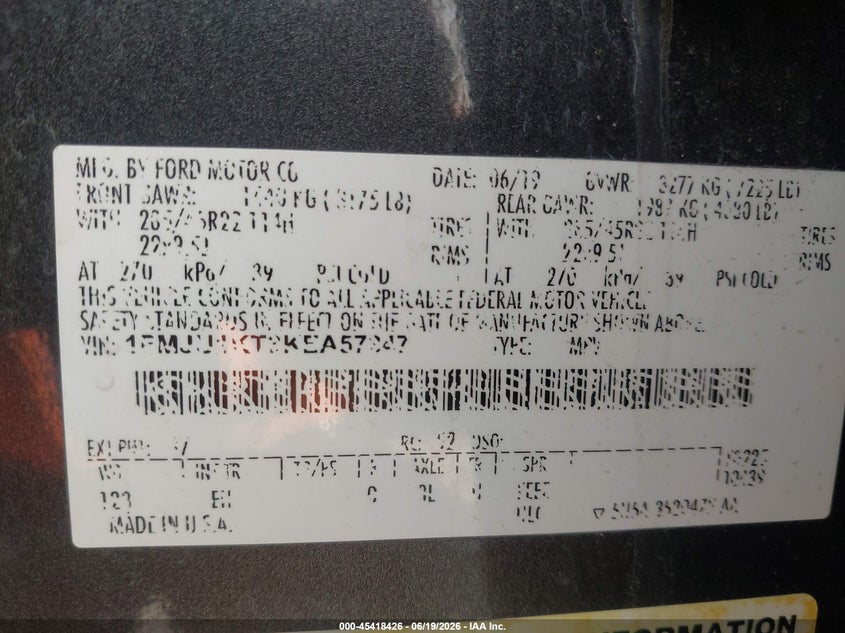 2019 Ford Expedition VIN 1FMJU1KT3KEA57347 IAAI salvage auction — RIGHT FRONT, Wait Title, sold $7,300 on 2026-08-23 (photo 9)