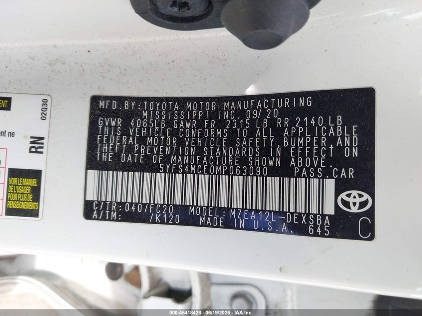 2021 Toyota Corolla VIN 5YFS4MCE0MP063090 IAAI salvage auction — FRONT END, Mv-907A (New York), sold $3,800 on 2026-07-07 (photo 9)