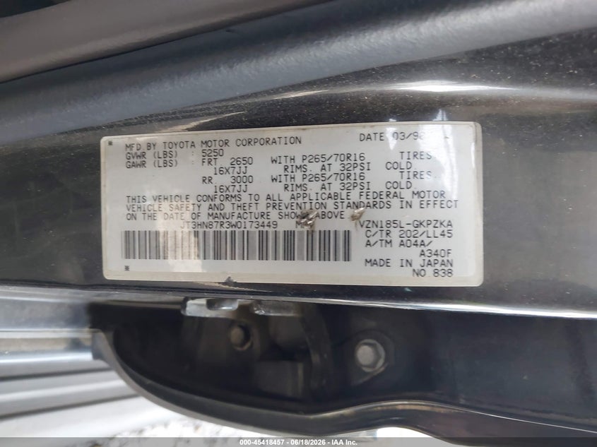 1998 Toyota 4runner VIN JT3HN87R3W0173449 IAAI salvage auction — RIGHT FRONT, Salvage (Delaware), sold $1,800 on 2026-07-20 (photo 9)