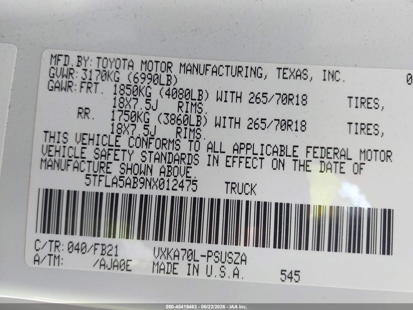 2022 Toyota Tundra VIN 5TFLA5AB9NX012475 IAAI salvage auction — FRONT END, Salvage Title, sold $7,000 on 2026-07-30 (photo 9)