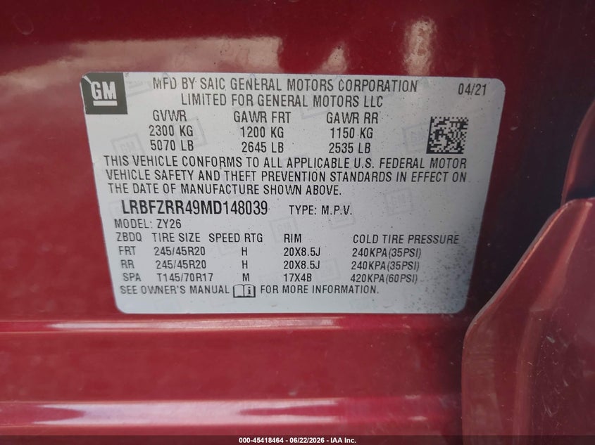 2021 Buick Envision VIN LRBFZRR49MD148039 IAAI salvage auction — RIGHT FRONT, Salvage (Illinois), sold $4,650 on 2026-07-22 (photo 9)