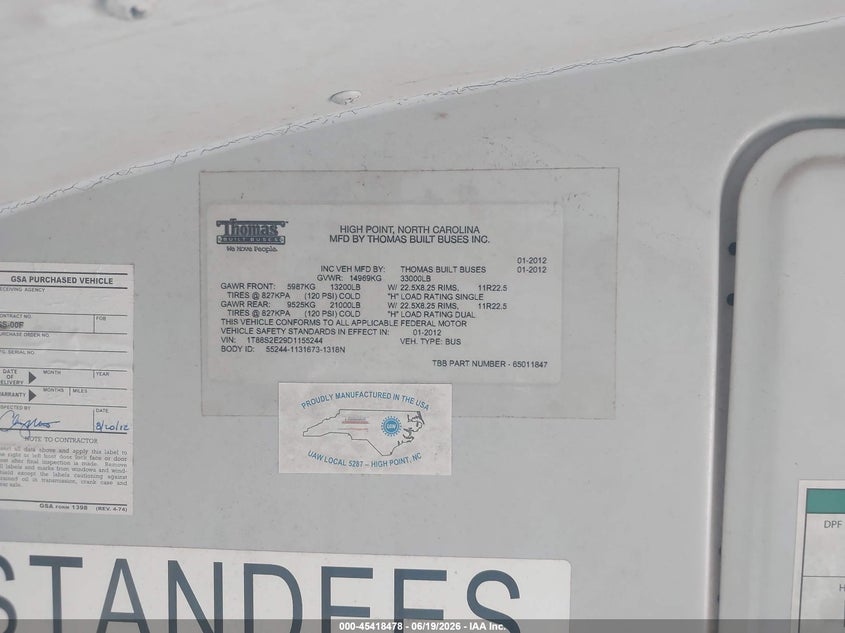 2013 Thomas Transit bus VIN 1T88S2E23D1155238 IAAI salvage auction — SIDE, Sf97 (Texas), sold $16,950 on 2026-08-04 (photo 9)