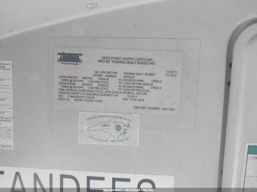 2013 Thomas Transit bus VIN 1T88S2E29D1155244 IAAI salvage auction — ELECTRICAL, Sf97 (Texas), sold $16,750 on 2026-08-04 (photo 9)