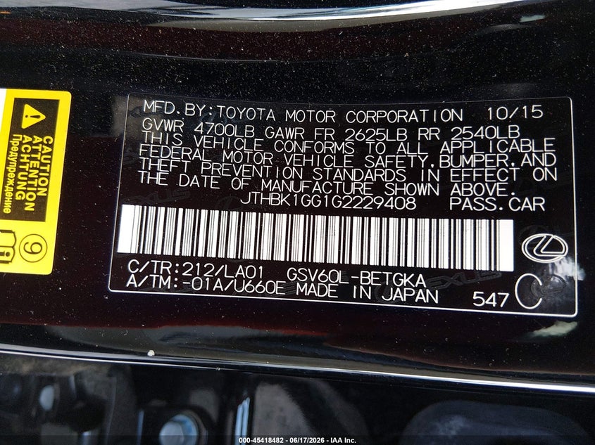 2016 Lexus ES VIN JTHBK1GG1G2229408 IAAI salvage auction — REAR END, Salvage Title, sold $6,225 on 2026-08-03 (photo 9)