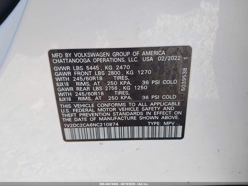 2022 Volkswagen Atlas cross sport VIN 1V2DC2CA6NC210874 IAAI salvage auction — REAR END, Salvage Title, sold $9,600 on 2026-08-11 (photo 9)