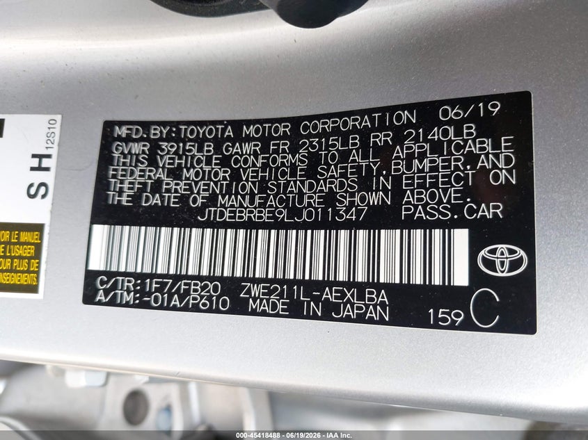 2020 Toyota Corolla VIN JTDEBRBE9LJ011347 IAAI salvage auction — FRONT END, Original (Texas), sold $4,550 on 2026-07-23 (photo 9)