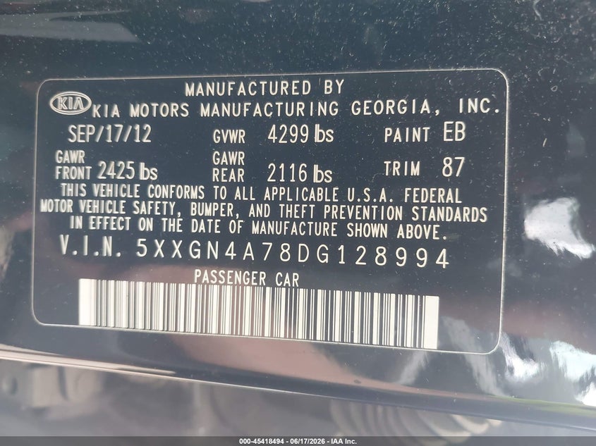 2013 Kia Optima VIN 5XXGN4A78DG128994 IAAI salvage auction — FRONT END, Salvage (Idaho), sold $550 on 2026-07-15 (photo 9)