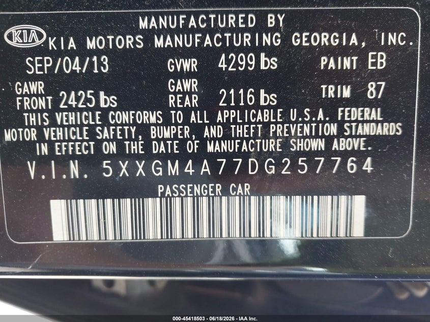 2013 Kia Optima VIN 5XXGM4A77DG257764 IAAI salvage auction — FRONT END, Salvage (North Carolina), sold $500 on 2026-07-20 (photo 9)